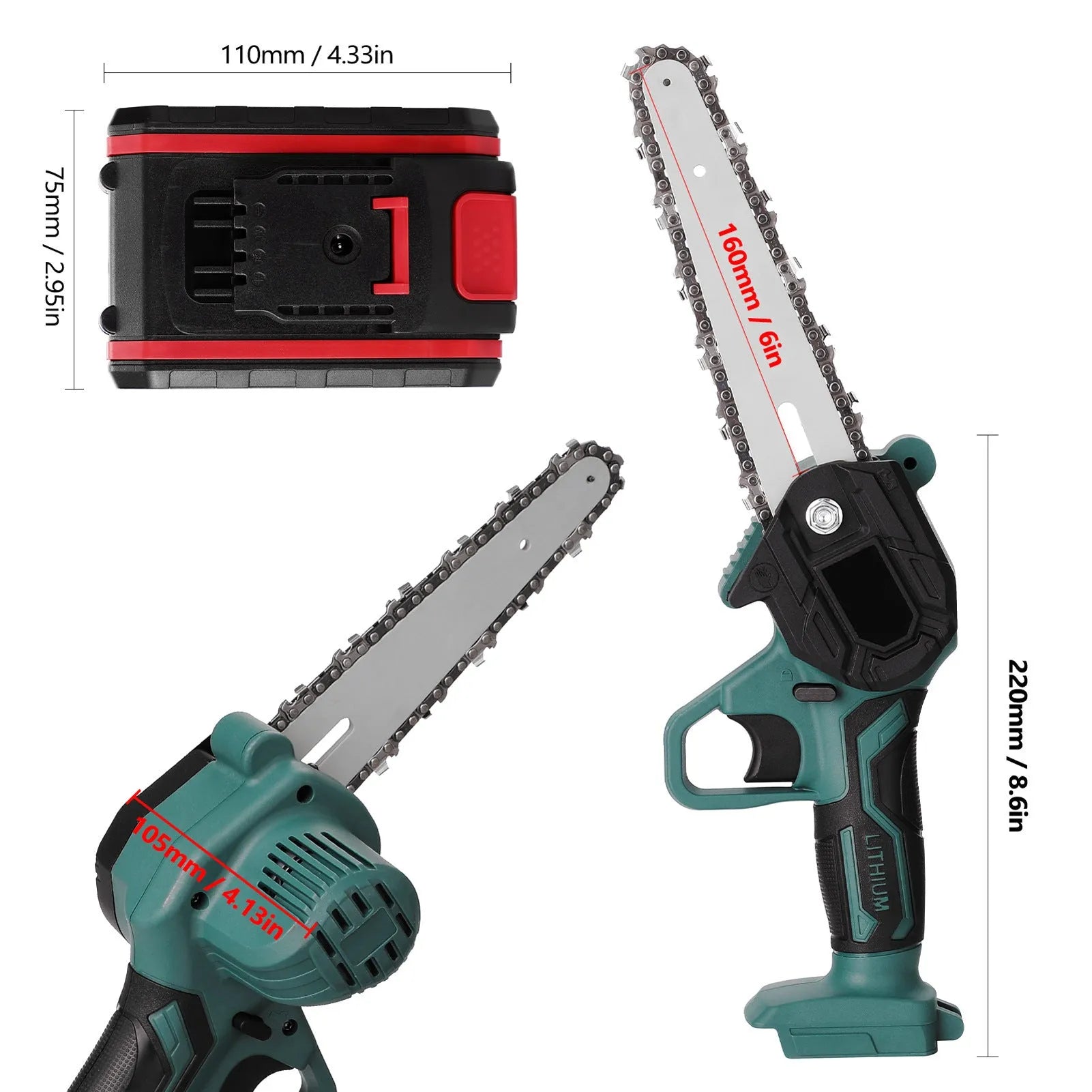 Black mini electric chainsaw held in one hand, showing 4-inch guide bar and compact body.