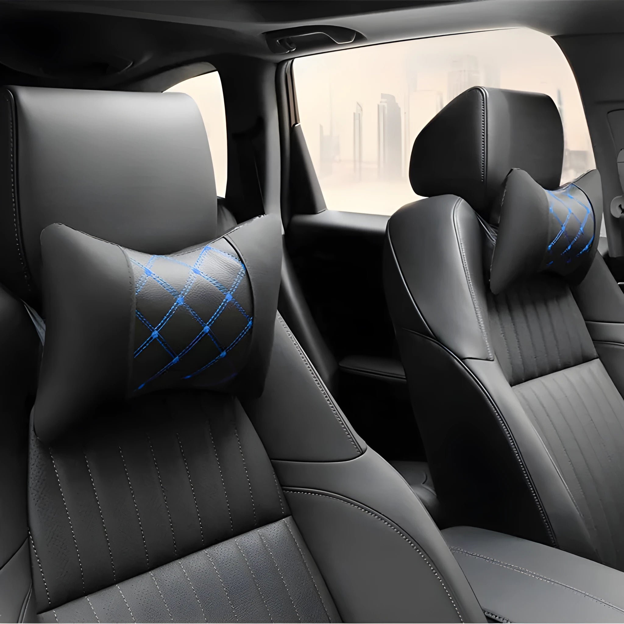Quilted diamond-pattern black leather car headrest pillow for neck support.