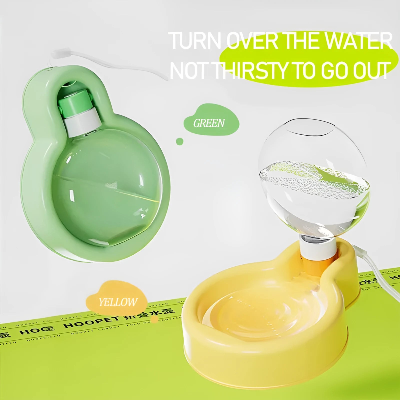Green portable pet travel cup with pull-out water bowl, shown next to a dog.