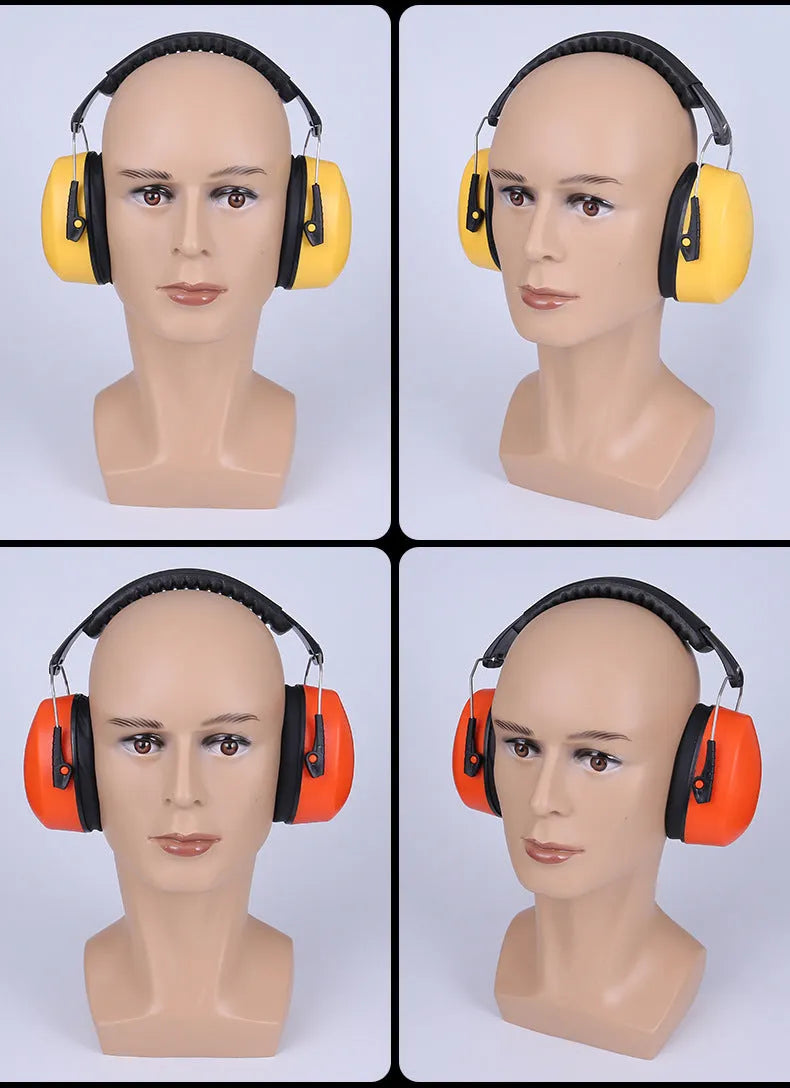 Orange noise-reducing headphones and protective earmuffs with adjustable headband
