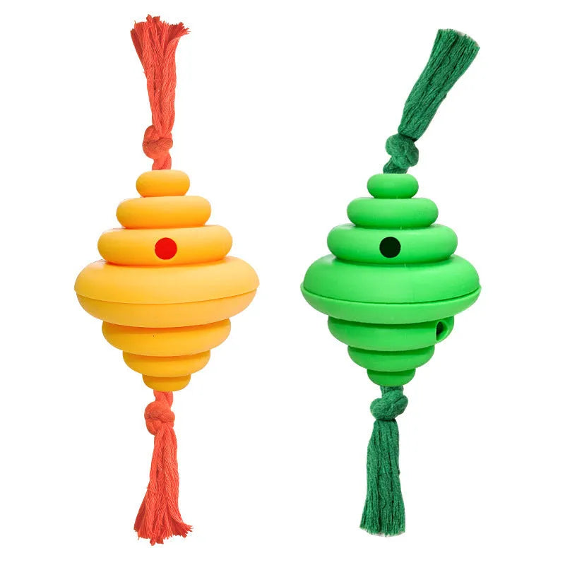 Green and yellow silicone dog ball with rope, showing split spiral design for treat dispensing