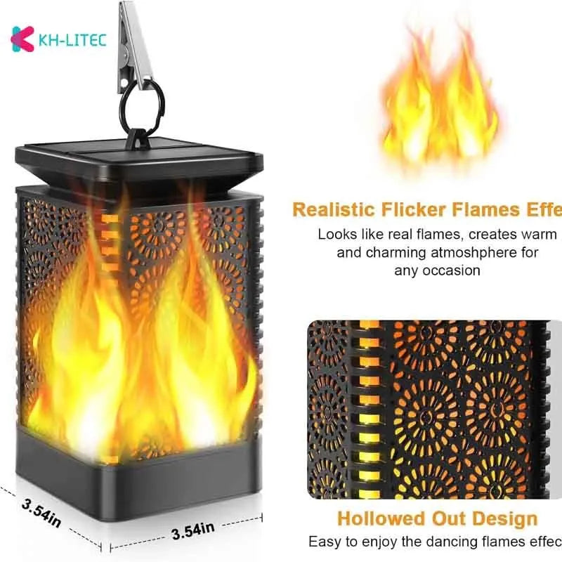 Black solar hanging flame torch LED light for outdoor garden and patio decoration.