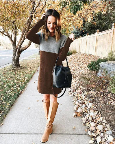 Brown women's loose-fitting patchwork long sleeve dress with a round neck and art retro collage stitching.