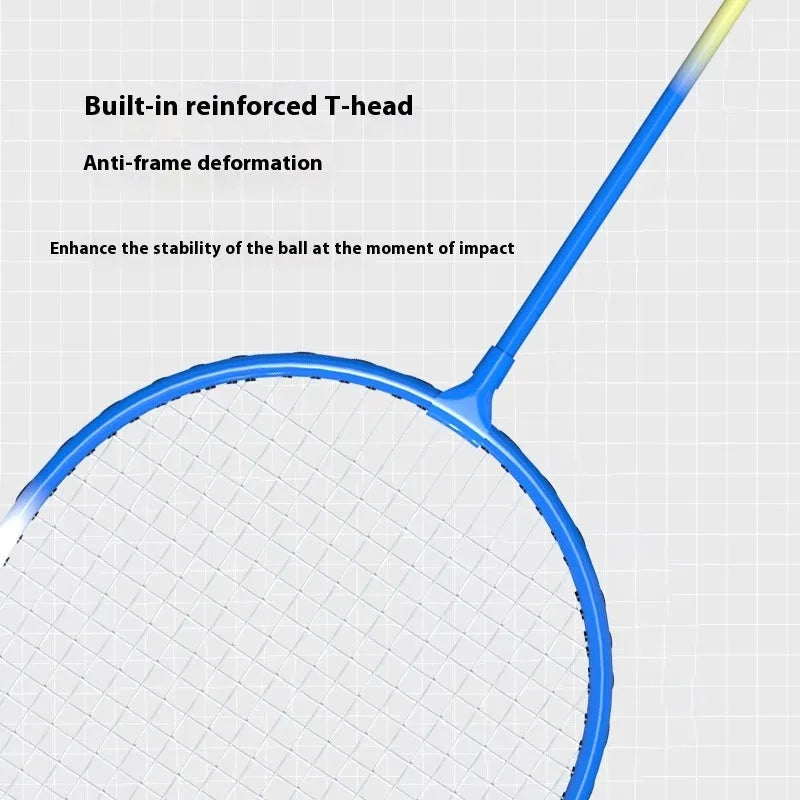 Blue and red ultra-light alloy split badminton rackets shown as a full pair.
