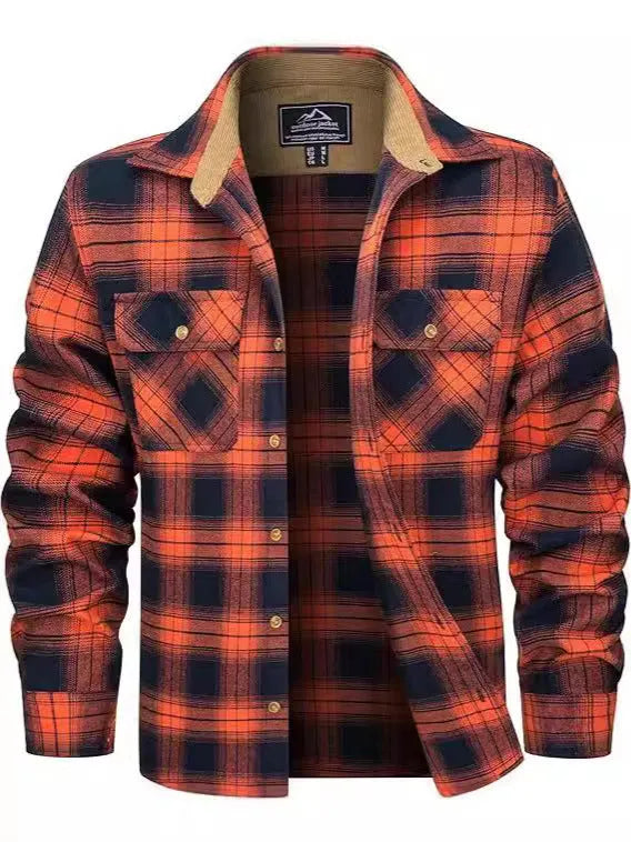 Men's flannel button shirt showing plaid pattern in multiple colour options with button-front design
