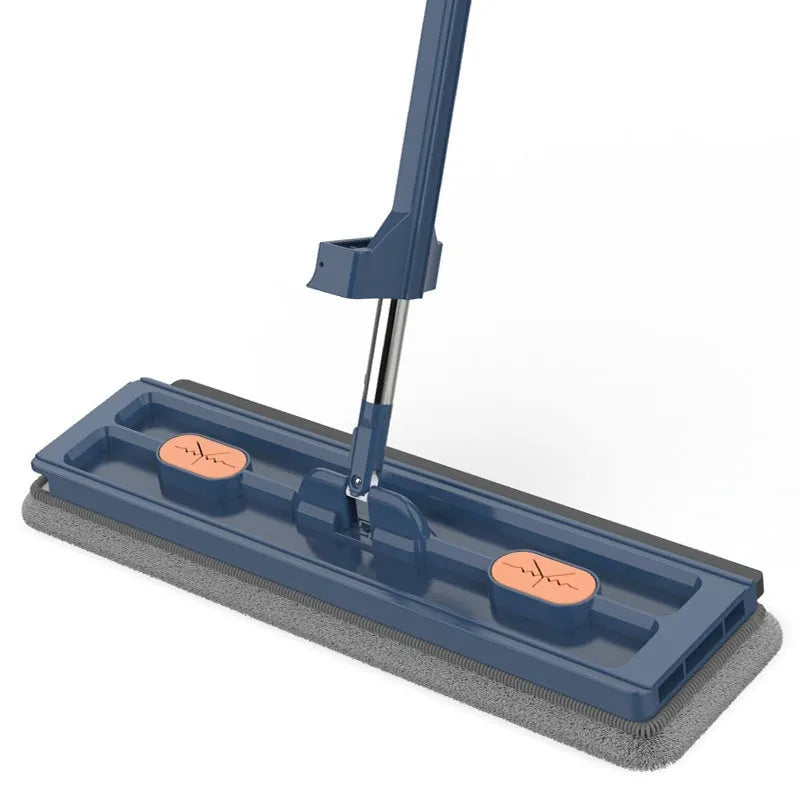 Large flat mop with long stainless steel handle and blue/white cloths on a hard floor.