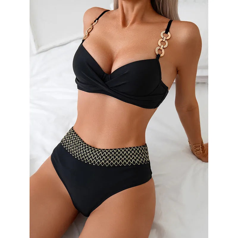 Black European and American style split bikini swimsuit with high elasticity polyester fabric