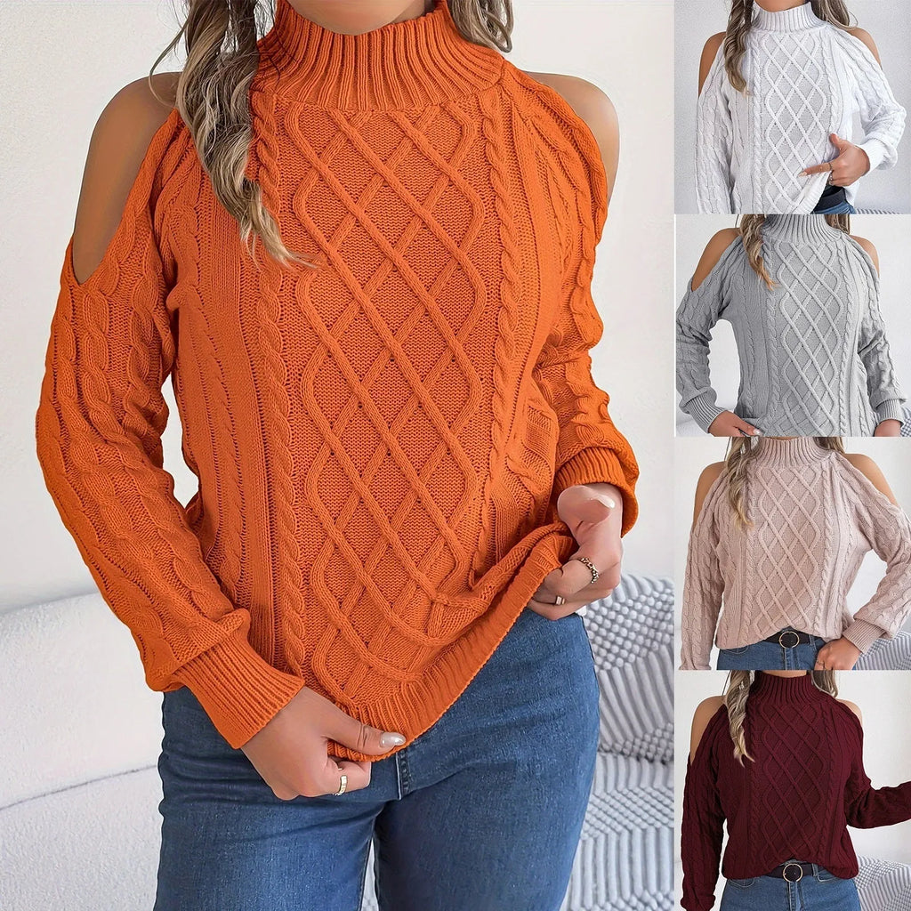 Women's strapless twist design casual sweater in acrylic fabric with half-high collar and lantern sleeves