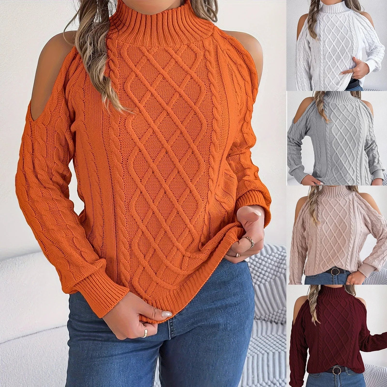 Women's strapless twist design casual sweater in acrylic fabric with half-high collar and lantern sleeves