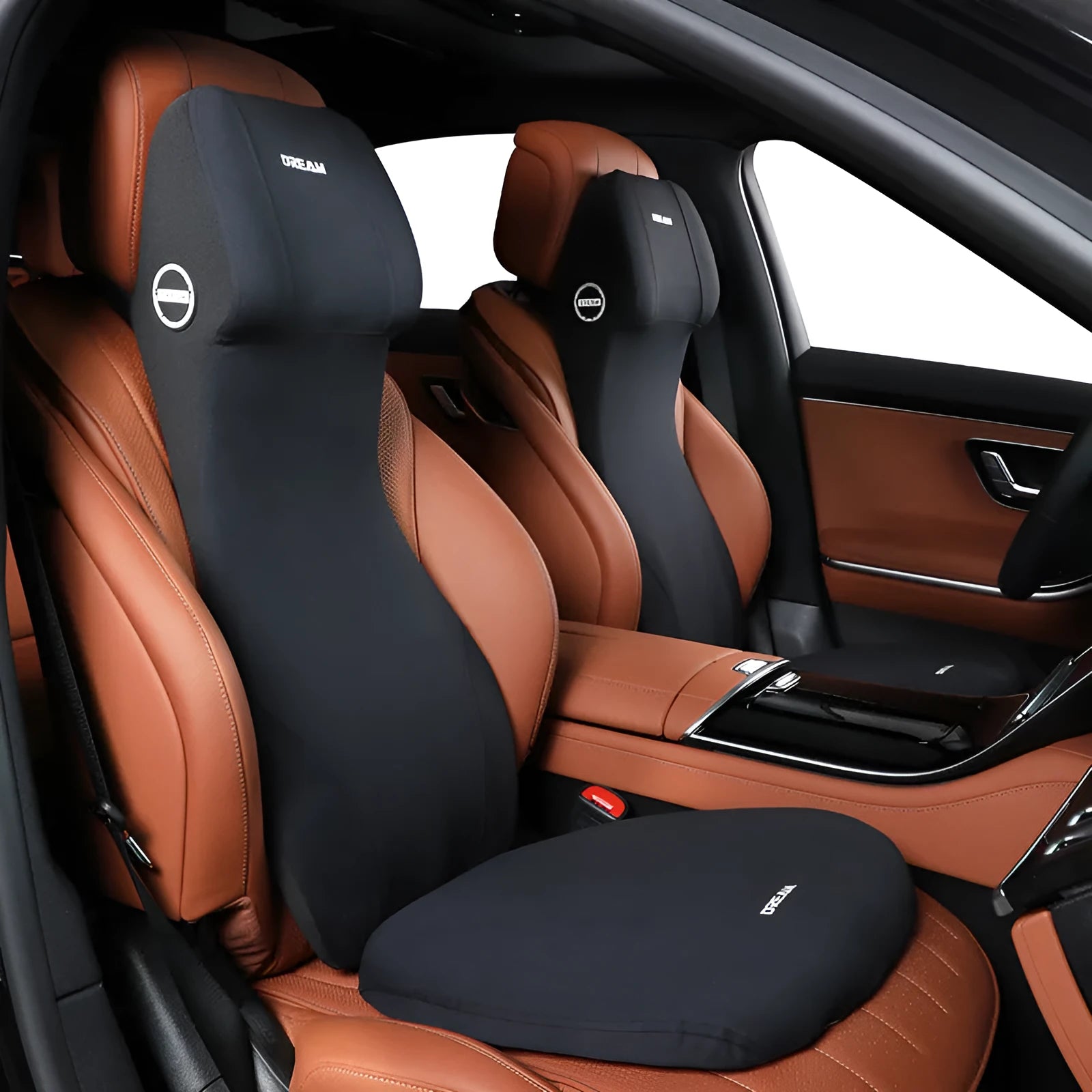 Automotive memory foam cushion with integrated headrest and lumbar support in multiple colour options