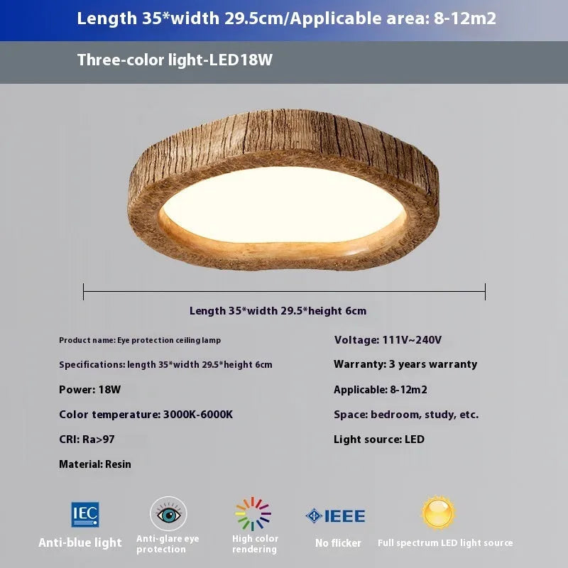 Wood grain finish round ceiling light in new Chinese style, shown in three size options.