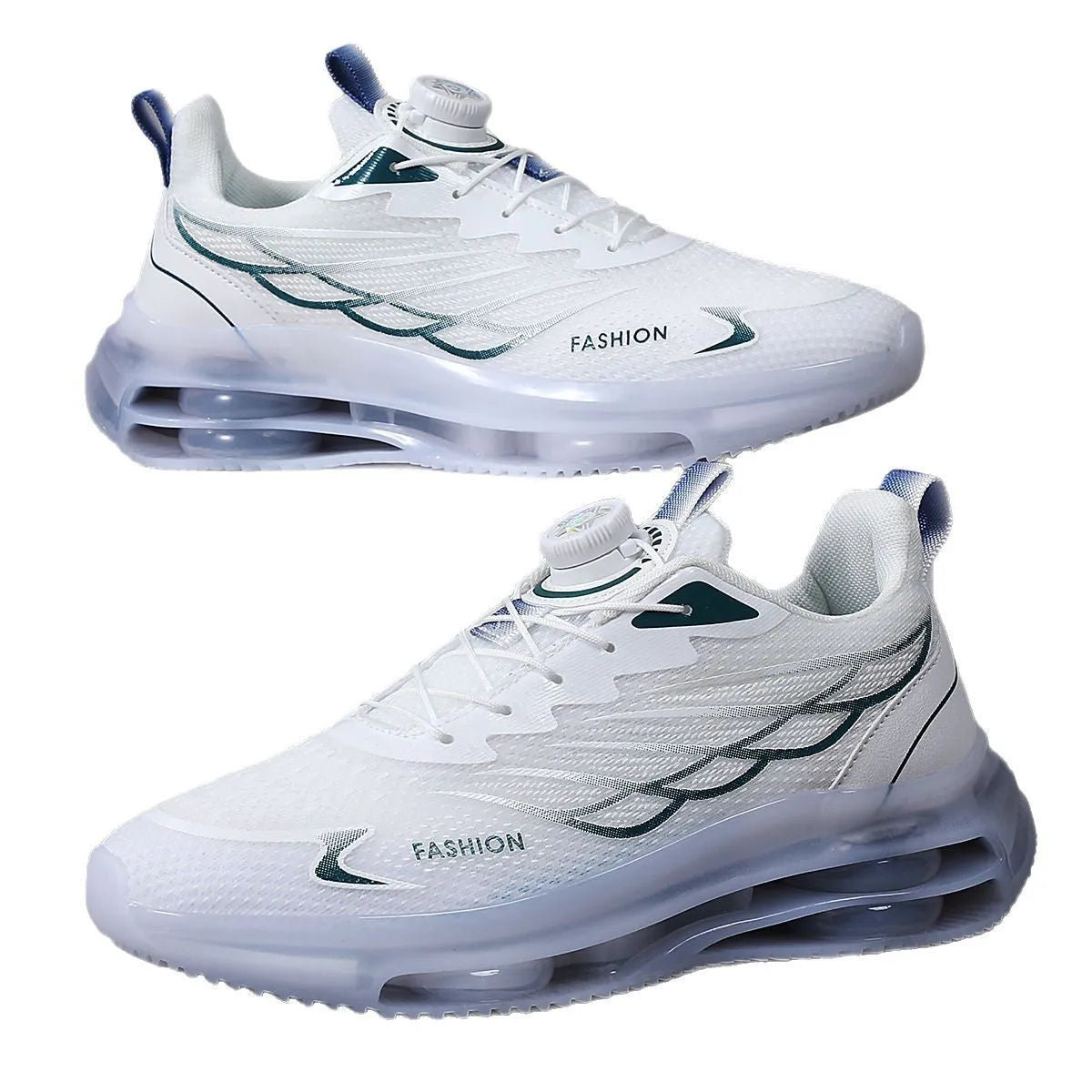 Men's white low-top casual sneakers with mesh upper, rotating button, and rubber sole.