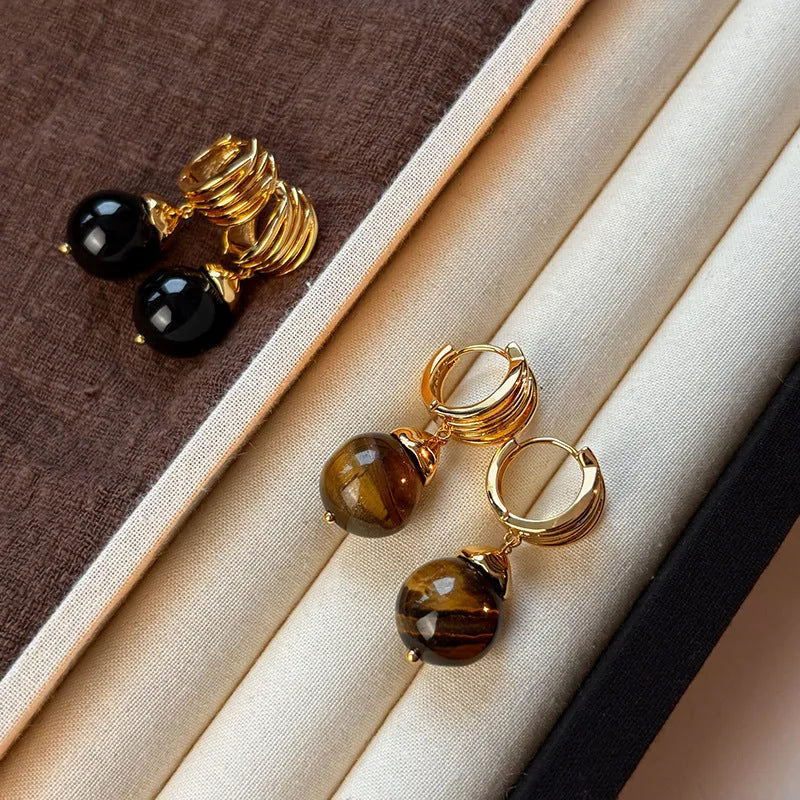 Gold-plated tigereye geometric earrings in French retro style with round elements
