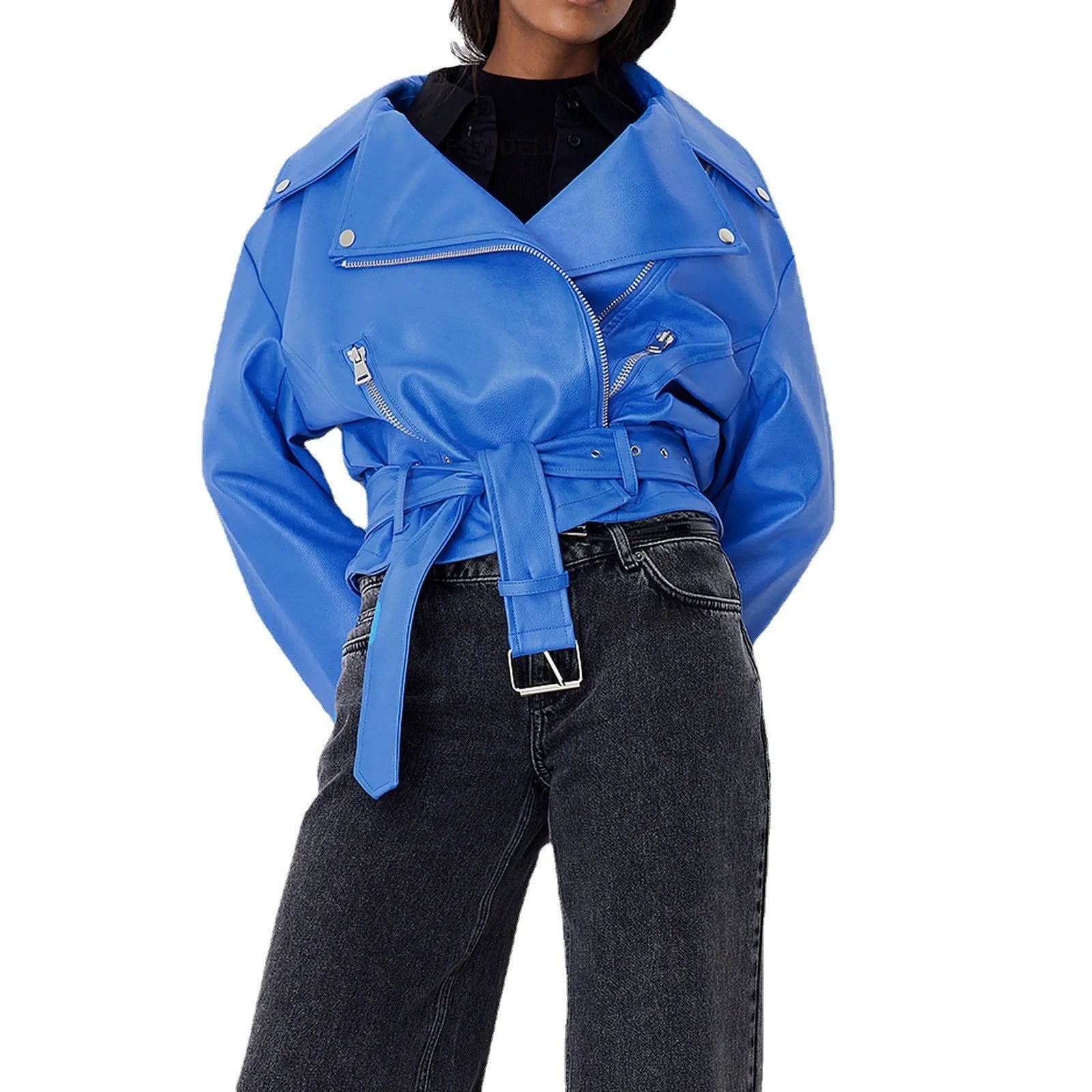 Punk style leather jacket in polyester fabric with locomotive design and Peter Pan collar