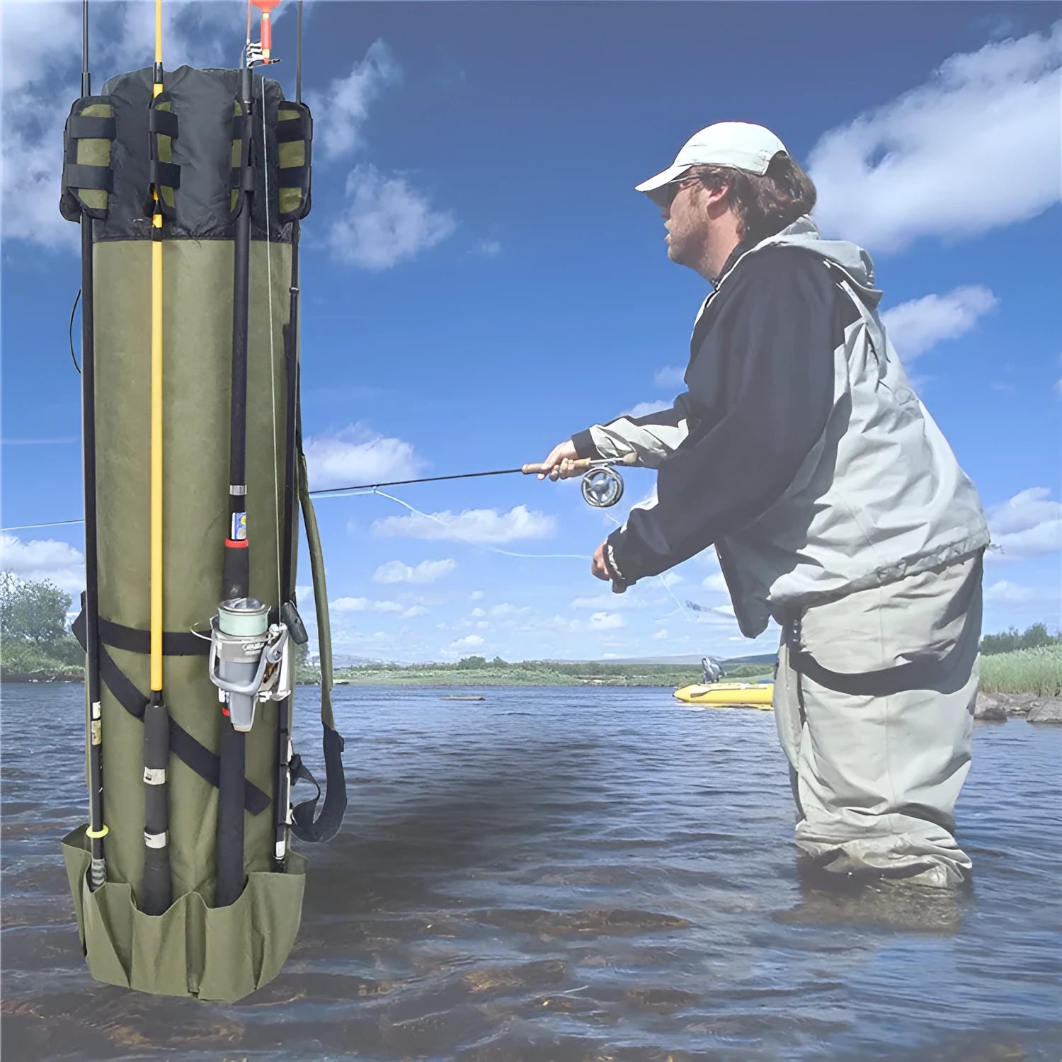 Cylindrical fishing rod bag made of Oxford cloth in army green, 116cm length, for sea fishing gear