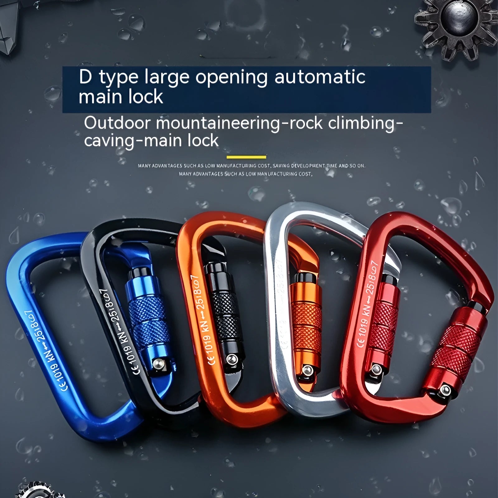 D-shaped locking climbing carabiner main lock in silver red colour with automatic gate closure.