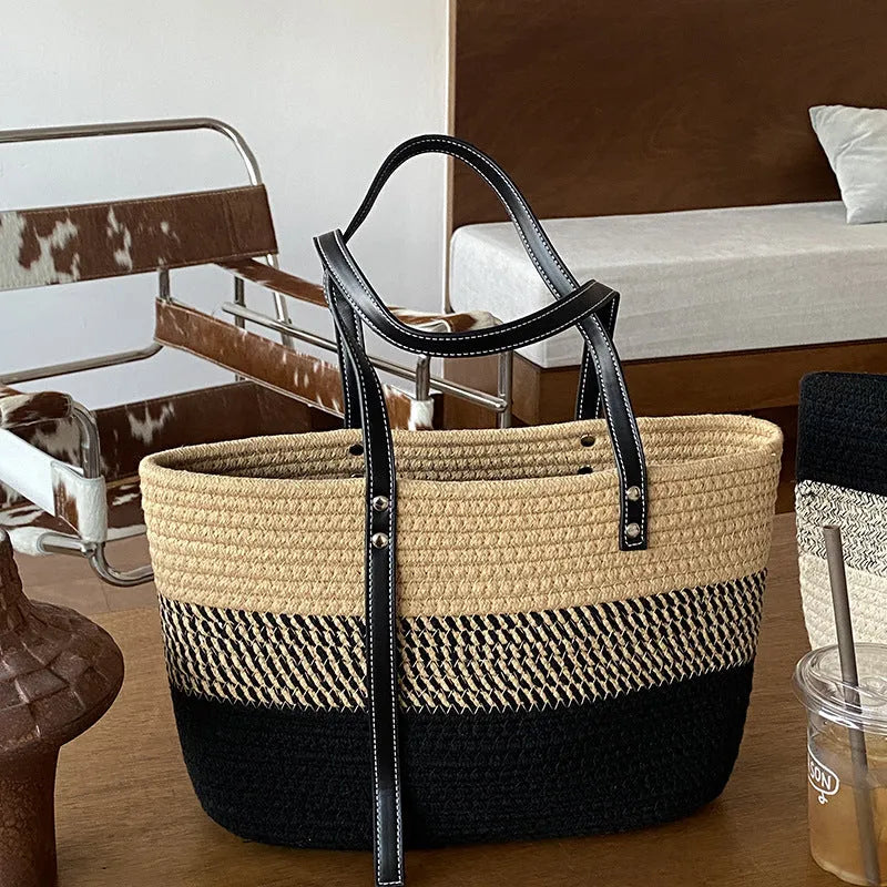 Hand woven cotton vegetable basket beach bag in khaki with double shoulder straps and contrast stitching