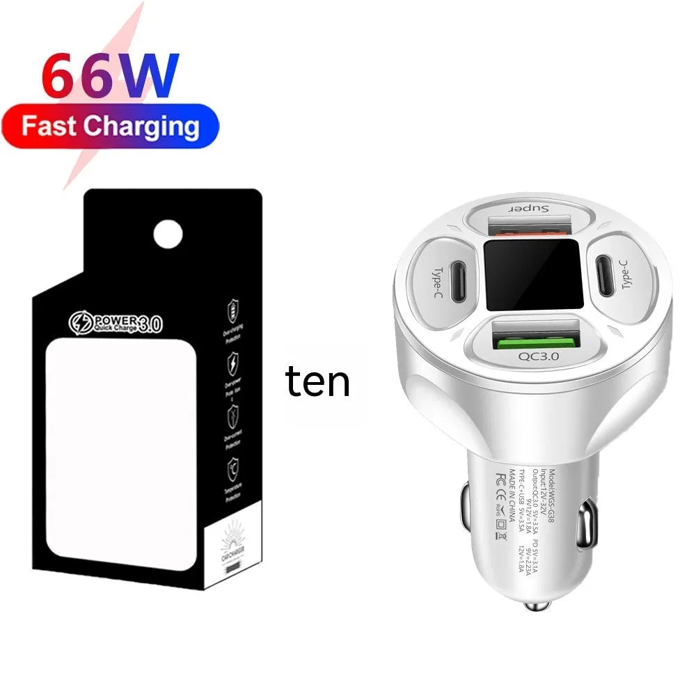 Black digital display car charger with two USB ports and two Type-C ports, showing voltage readout.