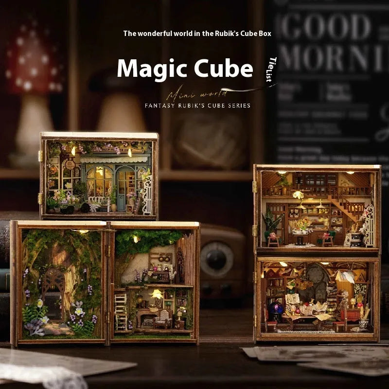 DIY Cottage MINI cut-free paper-cut flip-type wooden building model with flash function in colour box packaging