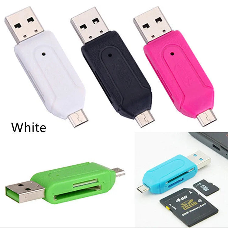 White USB OTG card reader with micro USB connector for SD and TF memory cards.