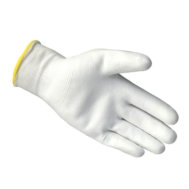 Pair of white PU coated work gloves for labour, showing flexible latex-free coating.