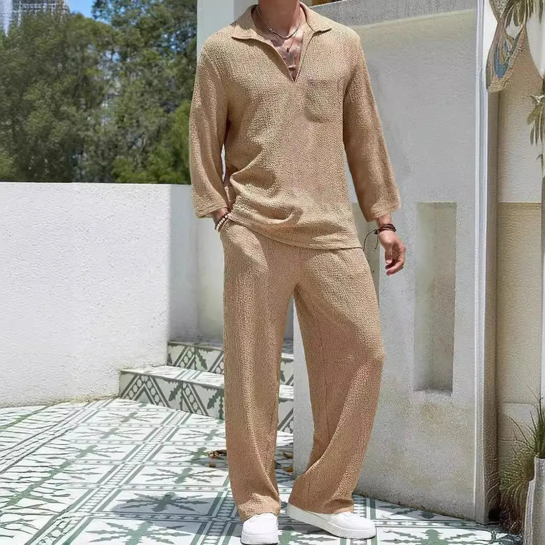 Men's casual polyester shirt trousers suit set in lake blue colour, showing complete two-piece outfit