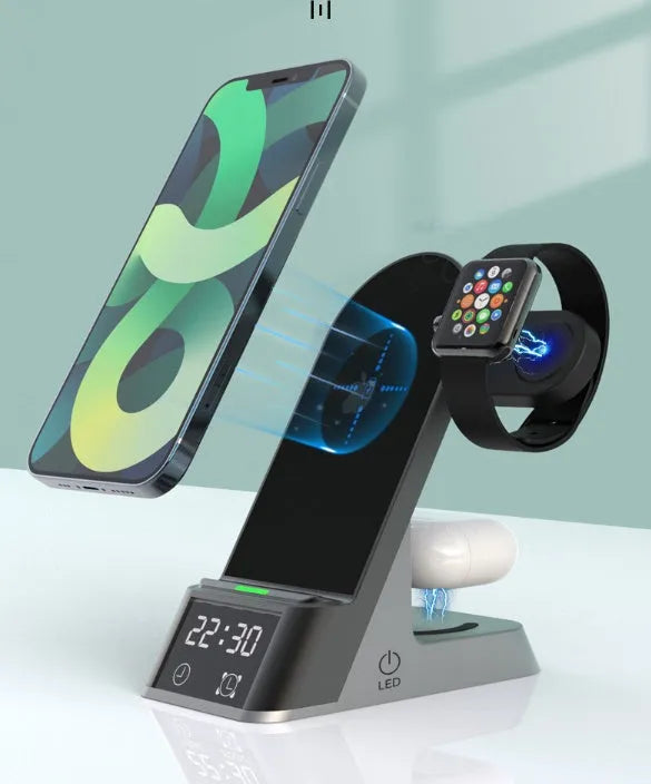 Black six-in-one wireless charging alarm clock with phone pad, Apple Watch dock, and earphone cradle.