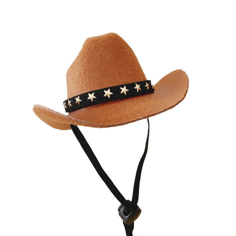 British-style brown cowboy hat for a cat with a black ribbon trim on a white background.
