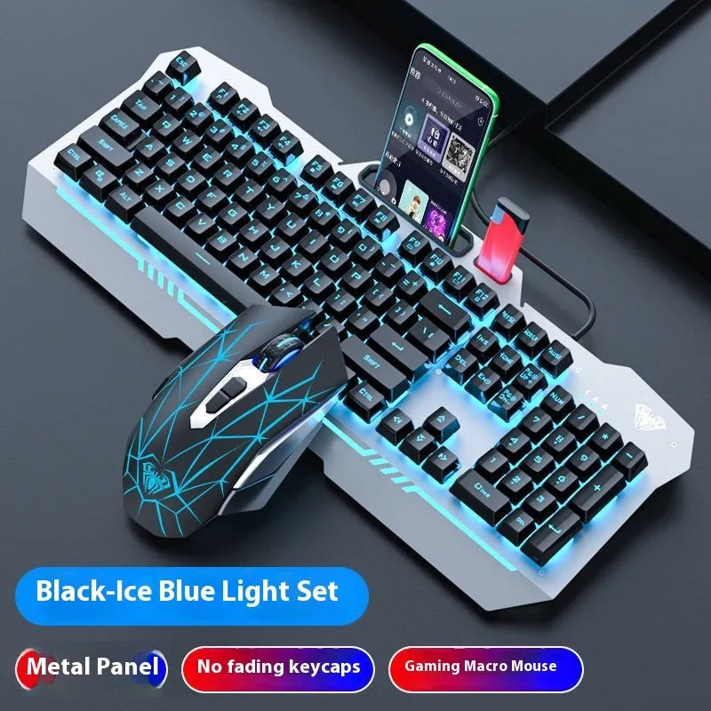 Black and white wired mechanical-feeling keyboard mouse headset bundles with RGB or blue backlighting