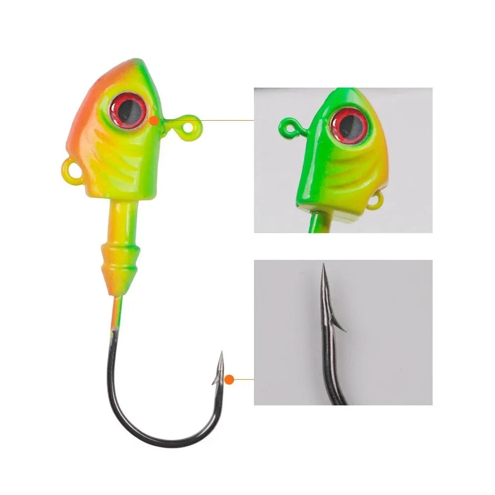Beizheng Road yayu simulation lead head fishing hooks in blue, silver, yellow colours showing weight options.