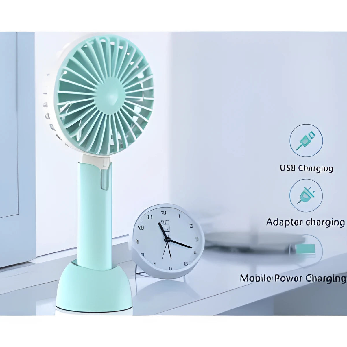 Blue handheld USB fan with three-speed control and oscillating head on desktop