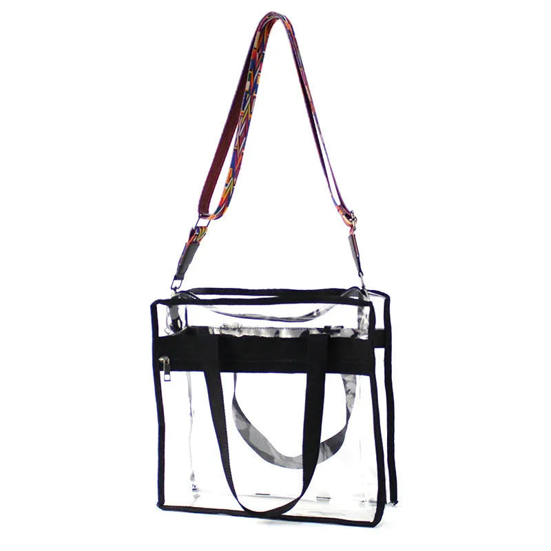 Women's transparent PVC messenger bag showing three-dimensional pocket and crossbody shoulder straps