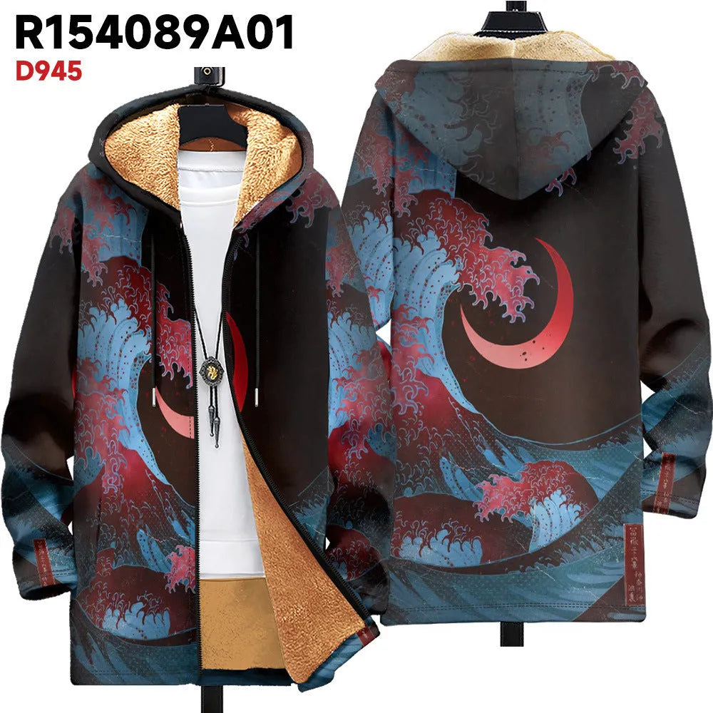 Man wearing a multicolour digitally printed hooded cardigan with a full-length front zip