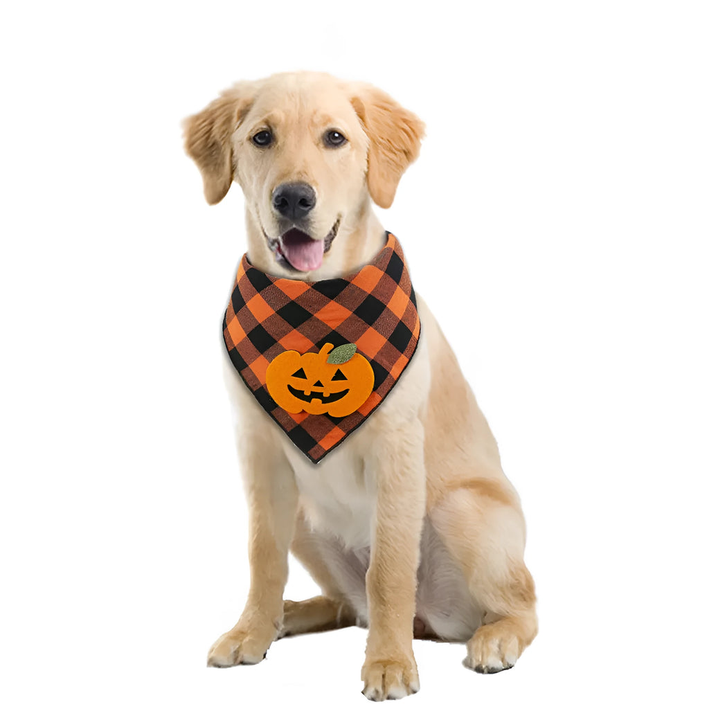 Orange and white Halloween dog plaid bandana with pumpkin and skeleton appliqués