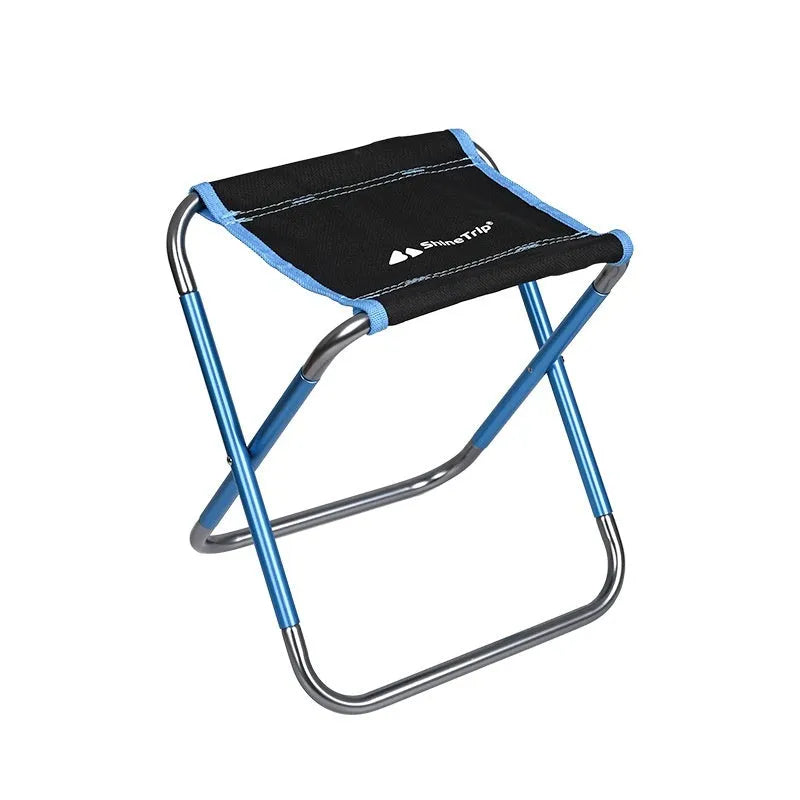 Black aluminium alloy folding camp stool shown in open and folded positions for portable outdoor seating.