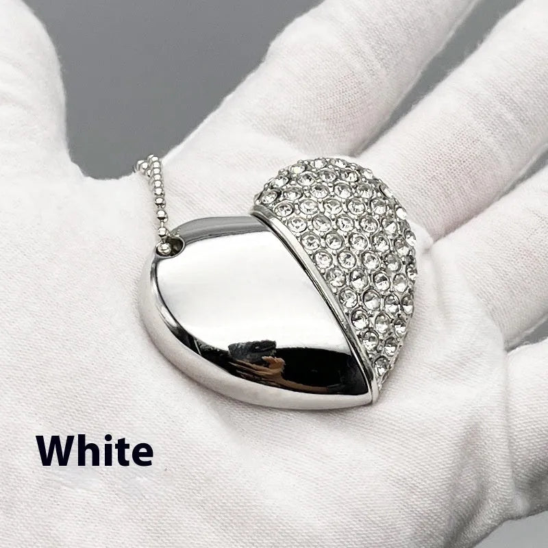 Brick-inlaid heart-shaped metal USB flash drive showing colour options and compact dimensions