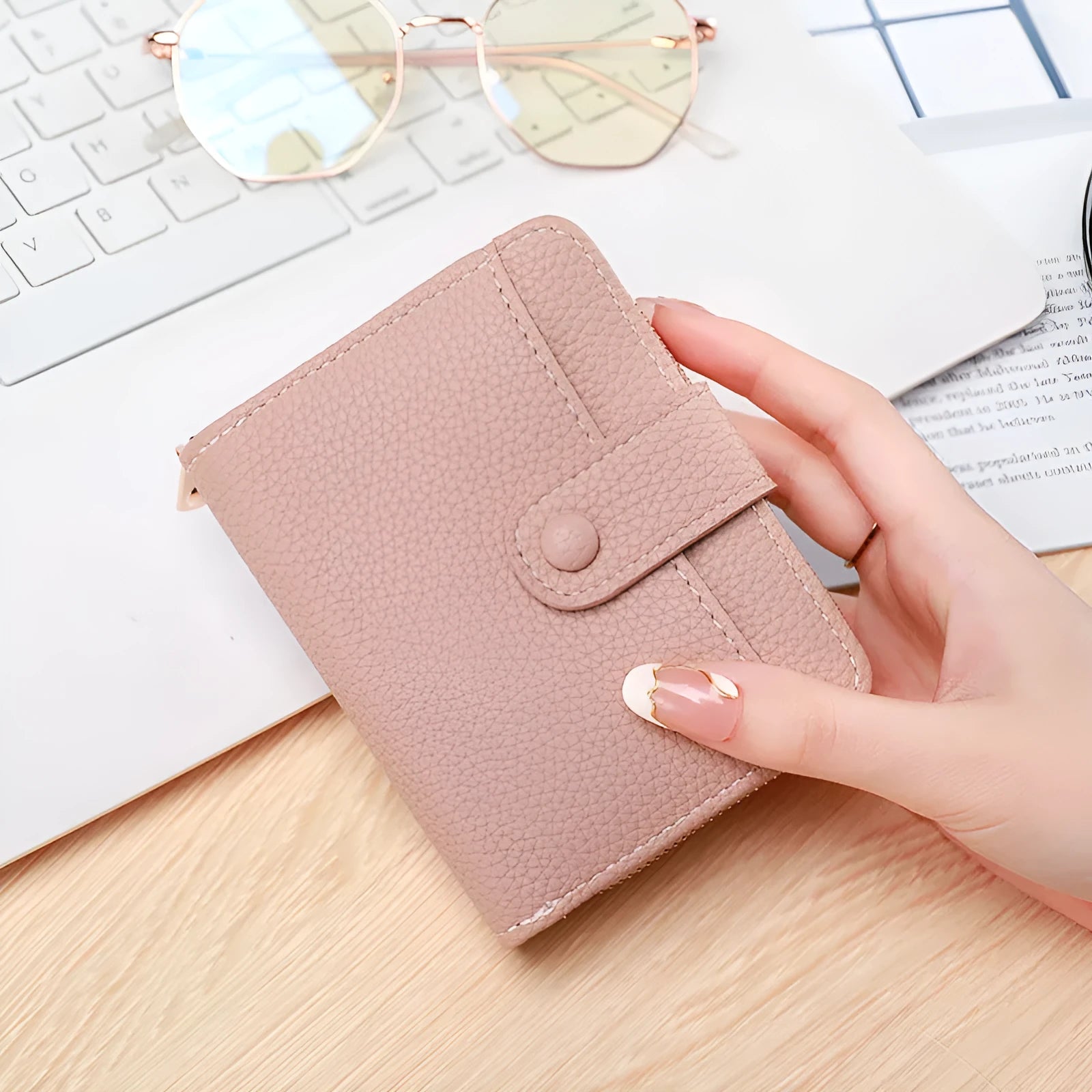 Ladies short wallet with lychee pattern texture in PU leather showing 2-fold design