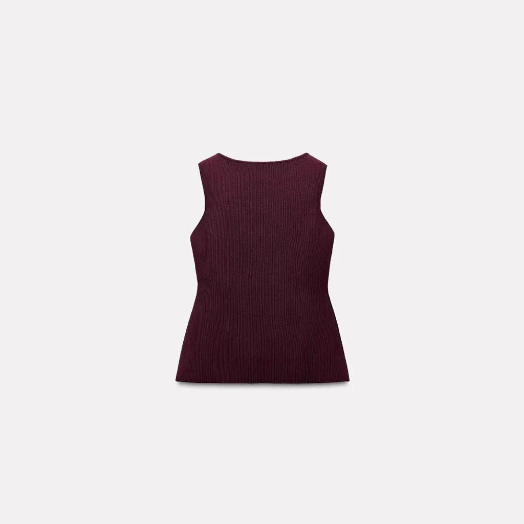 Women's dark red sleeveless sweater vest with slim fit and 3D pattern design