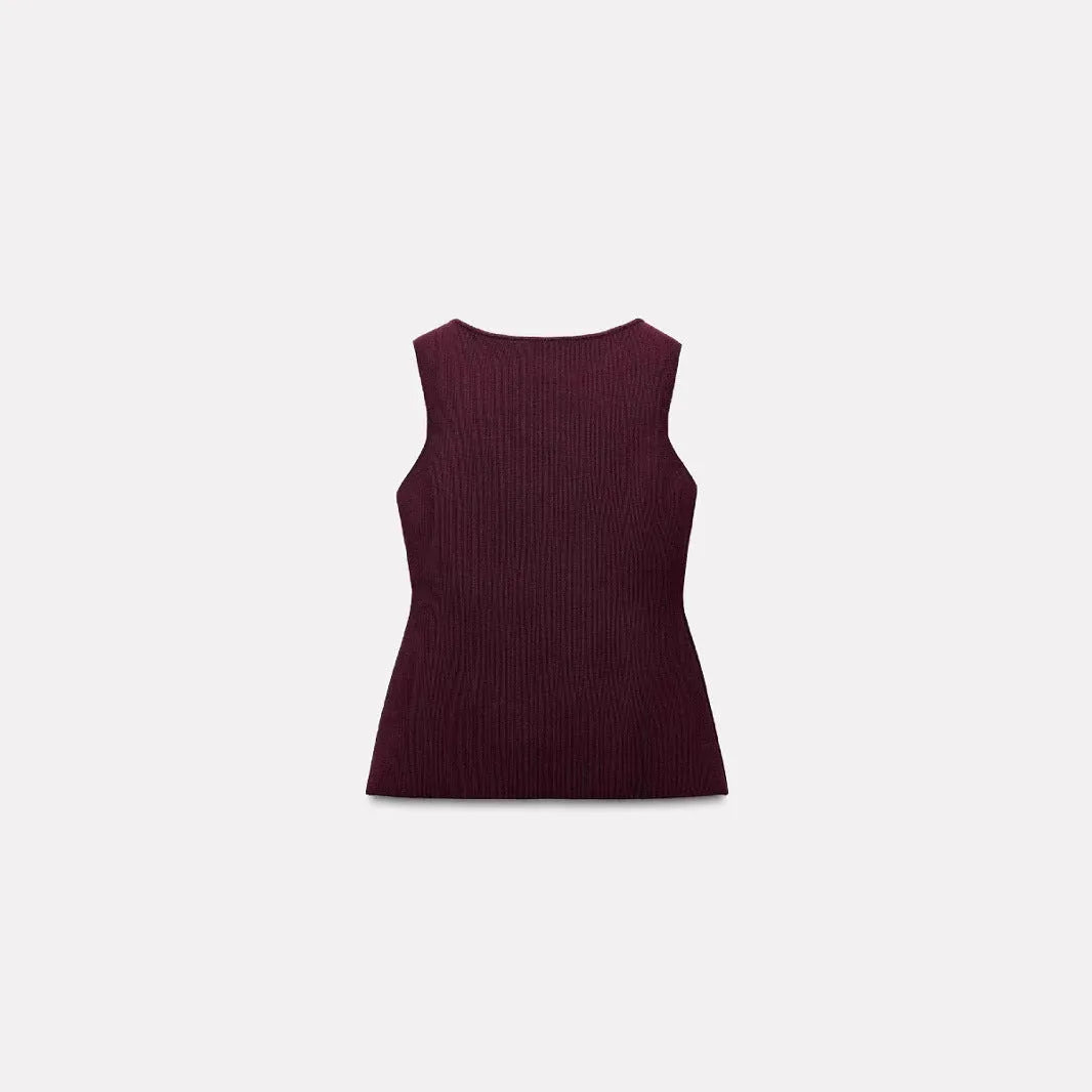 Women's dark red sleeveless sweater vest with slim fit and 3D pattern design