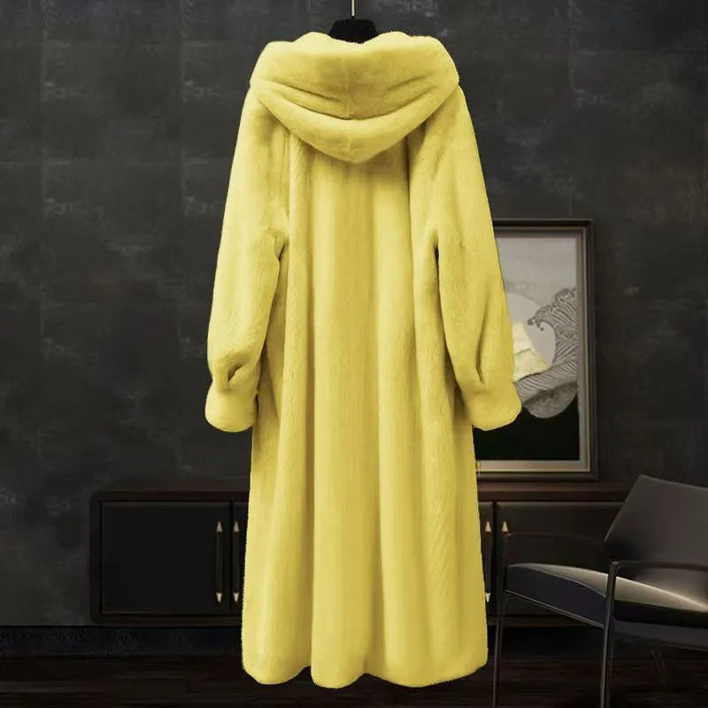 Brown leopard print plus size faux fur coat with extended length and regular sleeves