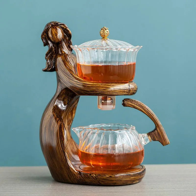 Maid semi-automatic tea set with borosilicate glass teapot, stainless steel filter, and Chinese-style woman sculpture base