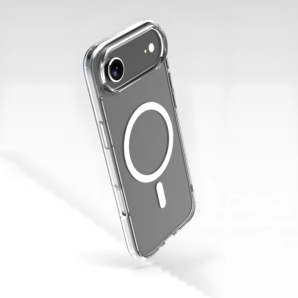 Transparent magnetic phone case for iPhone 17 series models on a table.