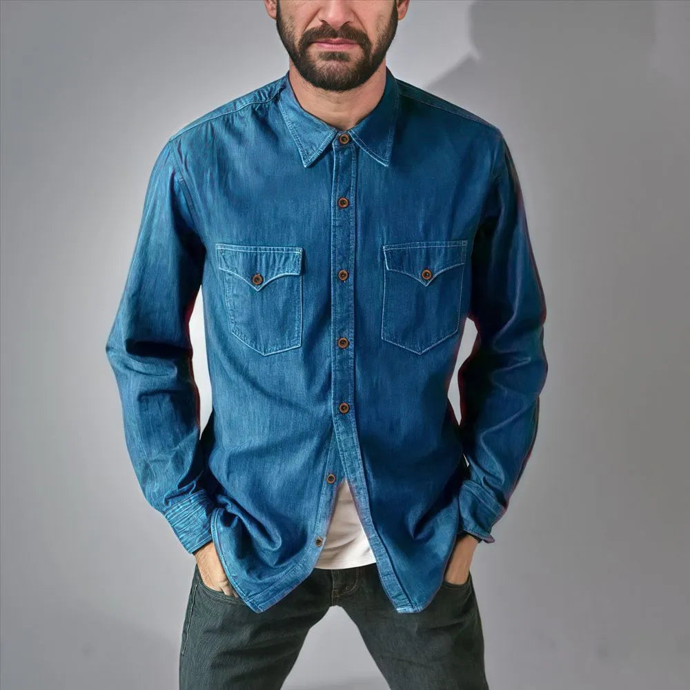 Men's regular fit denim cardigan coat in khaki, black, blue, or grey.