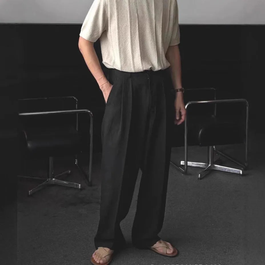 Men's loose fit cotton linen trousers in wide-leg Korean style with zip fly and elastic waist