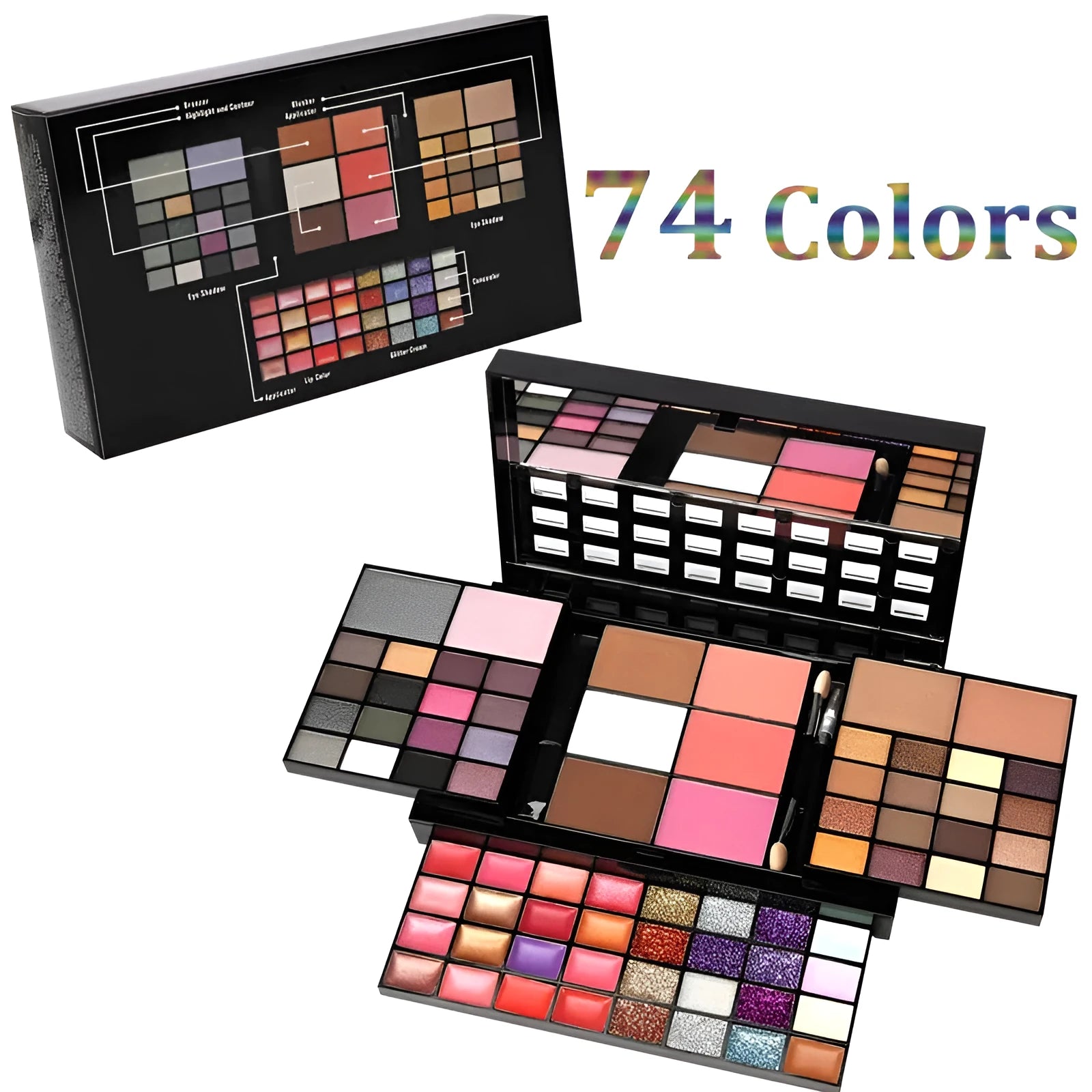 74 colour makeup palette with four layers showing eyeshadows, lip glosses, blush and contour powders with brush set