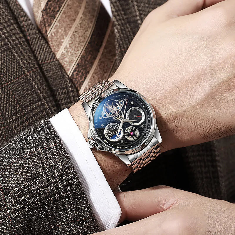 Men's black and white automatic waterproof business watch with steel or leather strap