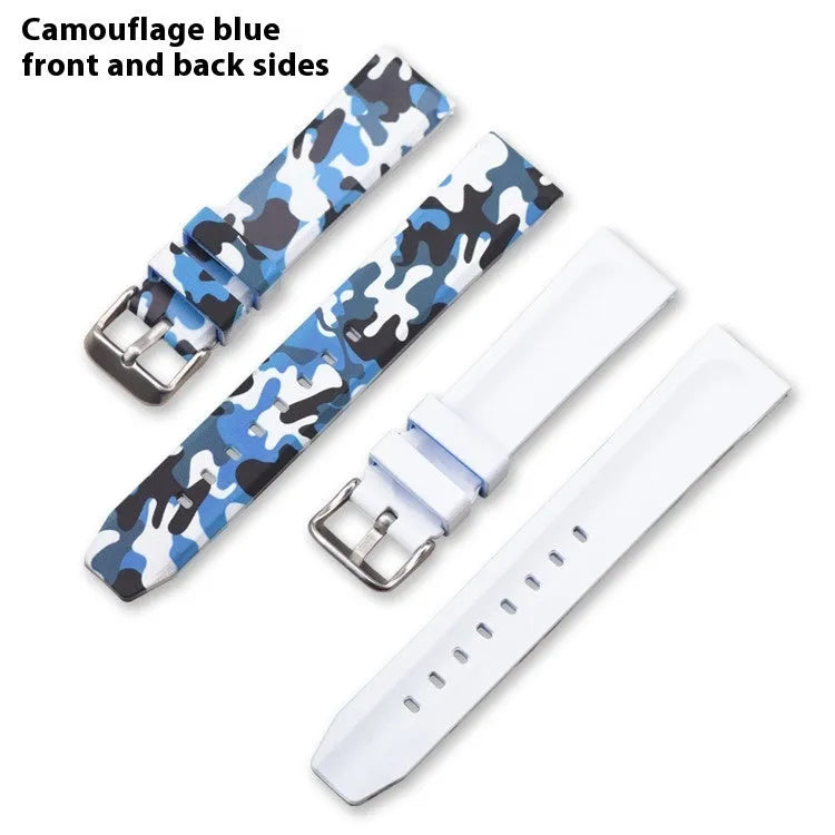 Silicone watch strap with camouflage pattern in green, blue and grey colour options showing flat head design