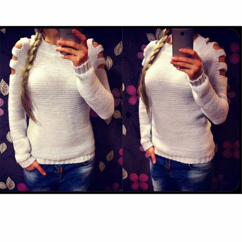Women's grey knitted pullover shirt with crocheted hollow-out patterns on the sleeves and body.