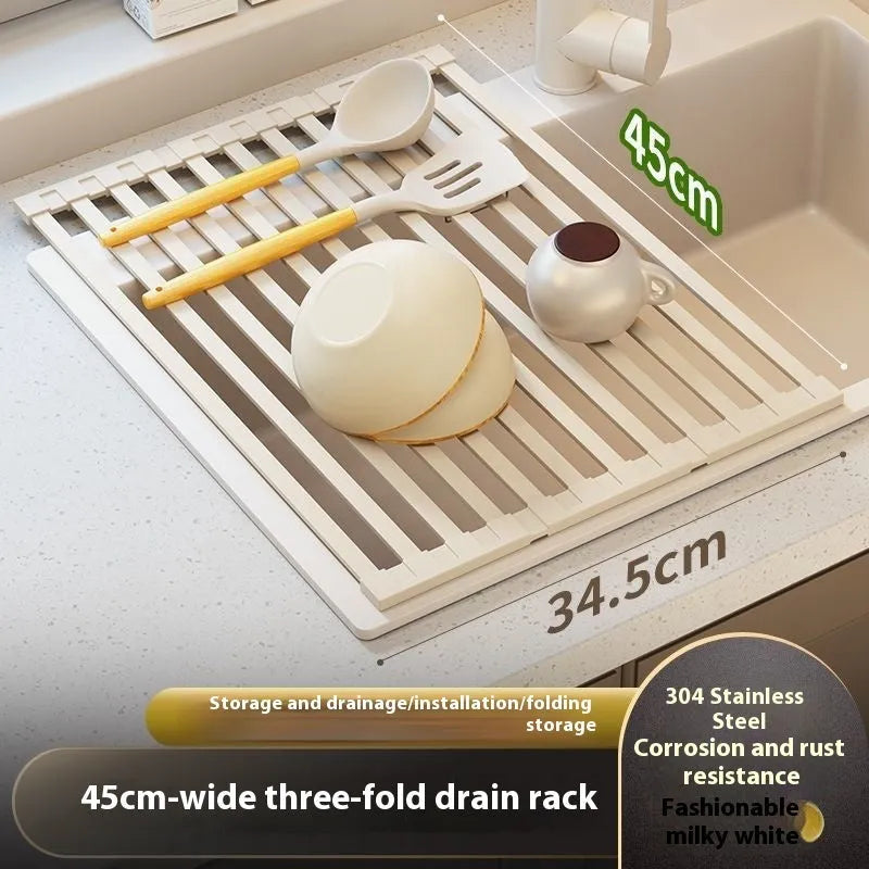 Foldable milky white stainless steel kitchen draining rack showing tri-fold design