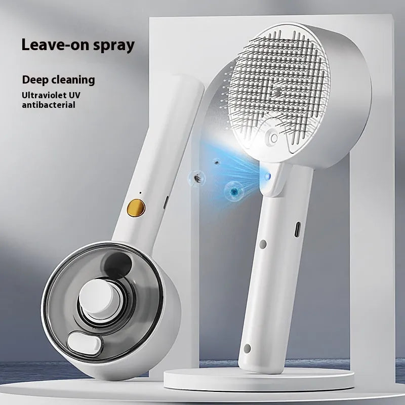 Ceramic white rechargeable pet grooming brush with UVC light and misting function on a dog's coat.